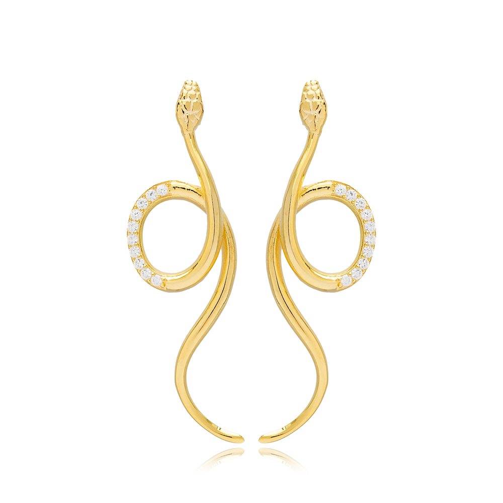 Trendy Snake Design Zircon Stone Earrings Turkish Handmade 925 Sterling Silver Jewelry