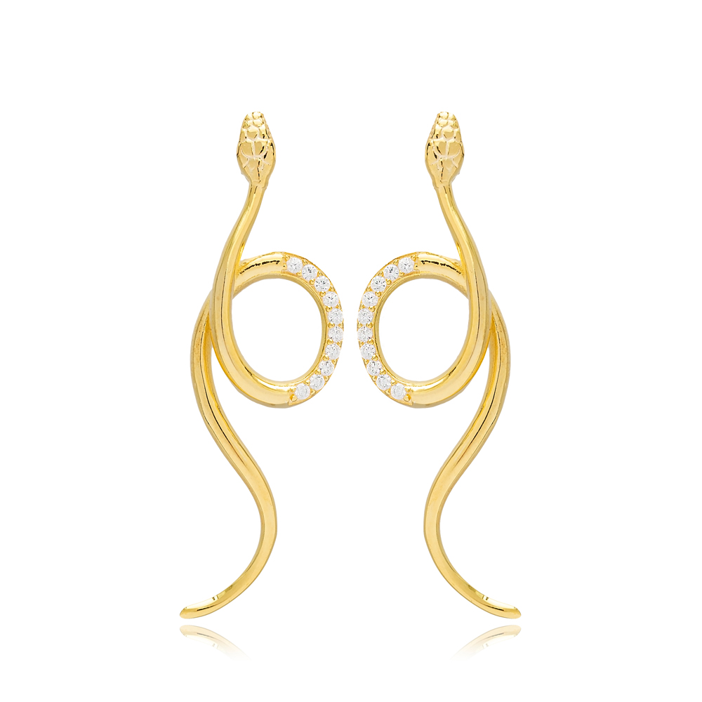 Trendy Snake Design Zircon Stone Earrings Turkish Handmade 925 Sterling Silver Jewelry