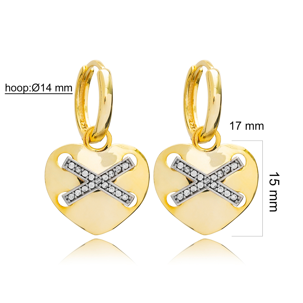 Heart Shape Hoop X Design Zircon Dangle Earring Turkish 925 Sterling Silver Wholesale Jewelry