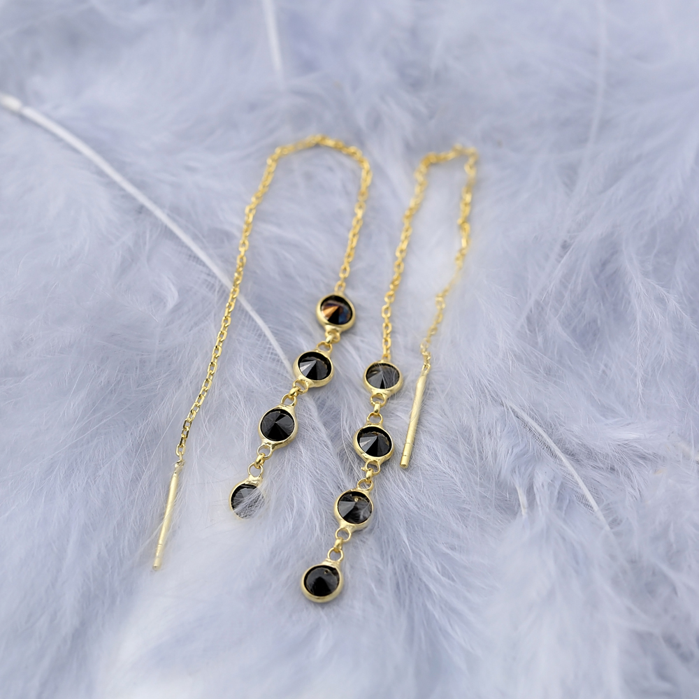 Black Zircon Elegant Threader Earrings Wholesale 925 Sterling Silver Jewelry