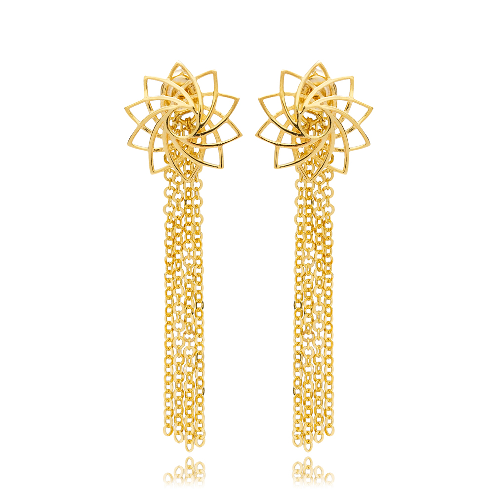 Dainty Flower Shape Tassel Design Plain Earrings Jewelry Turkish Handmade 925 Sterling Silver Jewelry