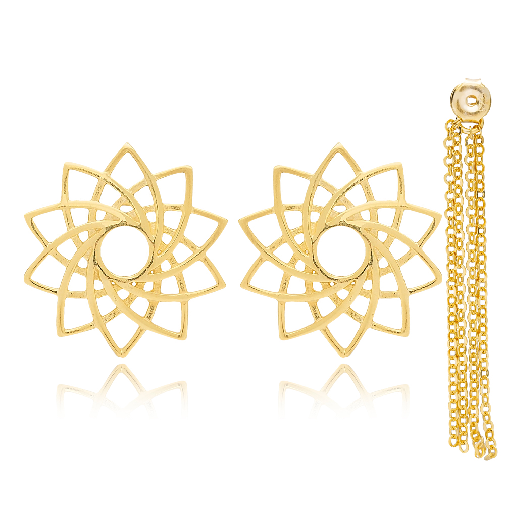 Flower Shape Tassel Design Plain Earrings Jewelry Turkish Handmade 925 Sterling Silver Jewelry