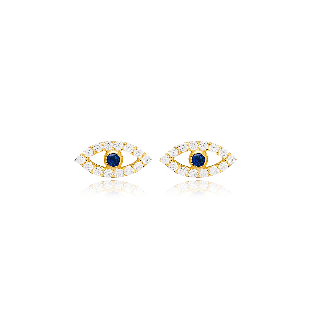 Popular Evil Eye Charm Sapphire Zircon Stud Earrings Turkish Handmade 925 Sterling Silver Jewelry