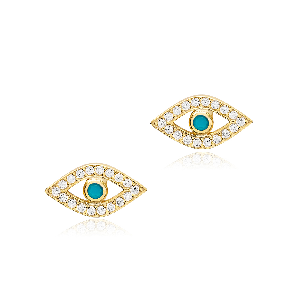 Evil Eye Turquoise Zircon Trendy Stud Earrings Turkish Handmade 925 Sterling Silver Jewelry