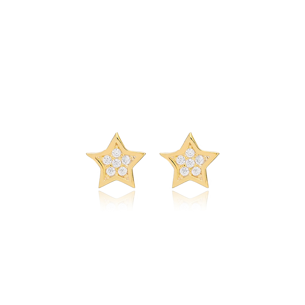 Star Charm CZ Stone Minimalist Stud Earrings Turkish Handmade 925 Sterling Silver Jewelry