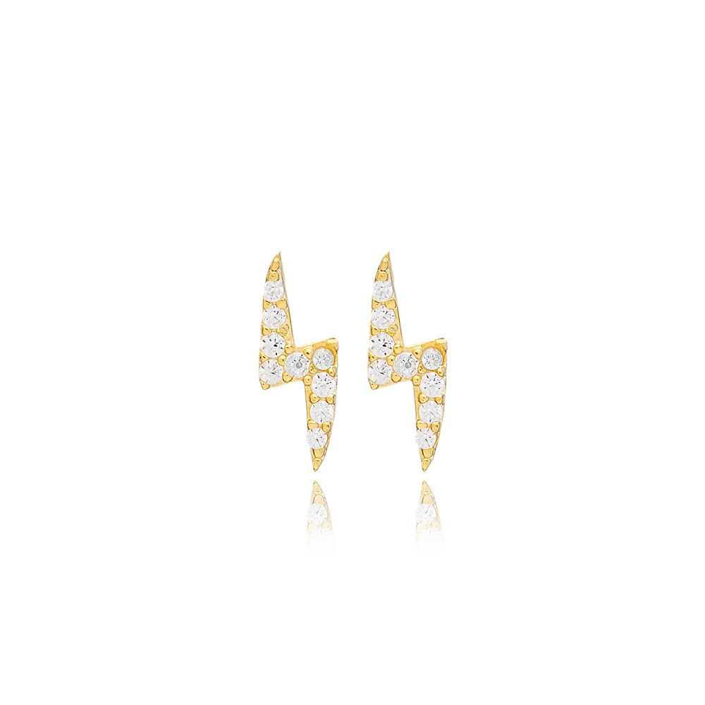 Lightning Minimalist Charm Zircon Stud Earrings Turkish Handmade 925 Sterling Silver Jewelry