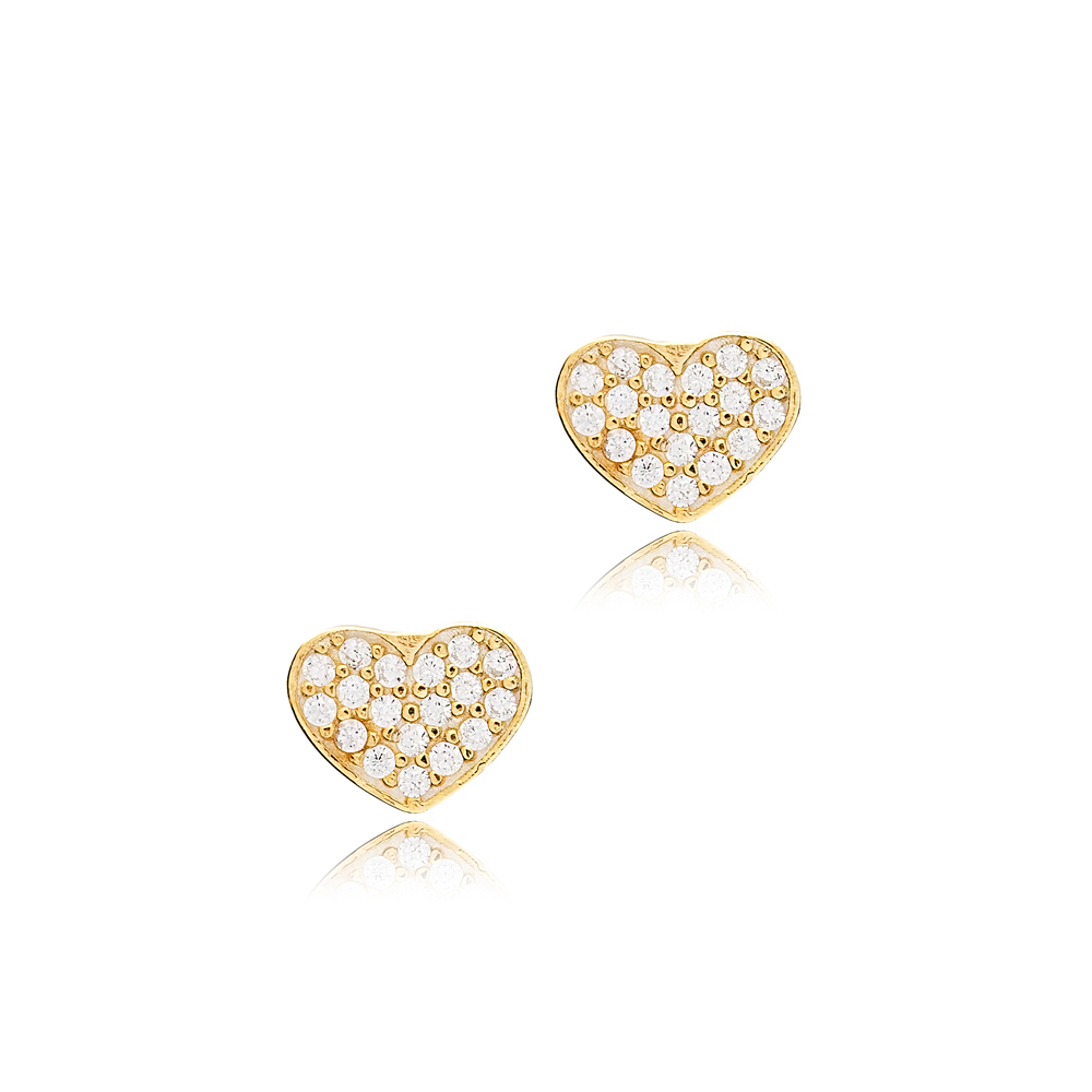 Heart Love Charm Zircon Stud Earrings Turkish Handcrafted 925 Sterling Silver Jewelry
