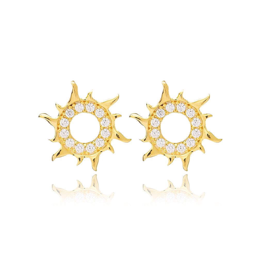 Sun Design Round Charm Trendy Stud Earrings Turkish Wholesale 925 Sterling Silver Jewelry