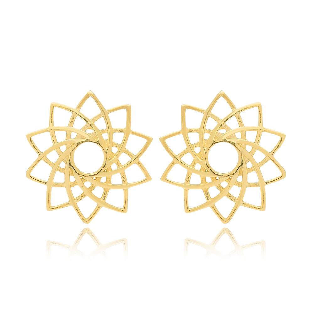 Flower Design Plain Round Shape Earrings Jewelry Turkish Handmade 925 Sterling Silver Jewelry