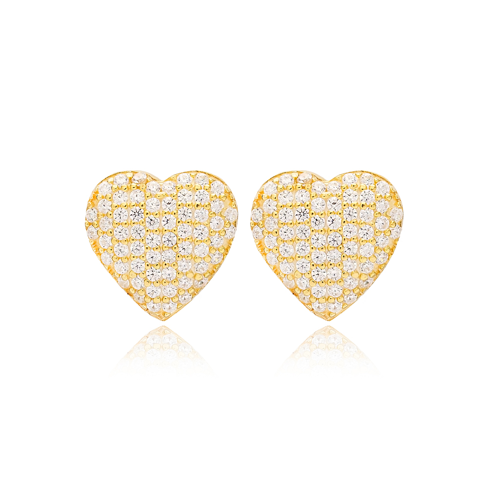 Clear Zircon Stone Heart Design Jewelry Turkish Handmade 925 Sterling Silver Earrings