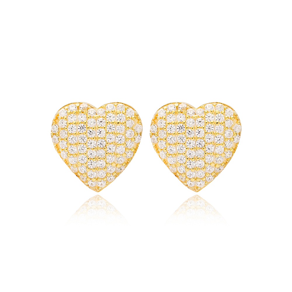 Clear Zircon Stone Heart Design Jewelry Turkish Handmade 925 Sterling Silver Earrings