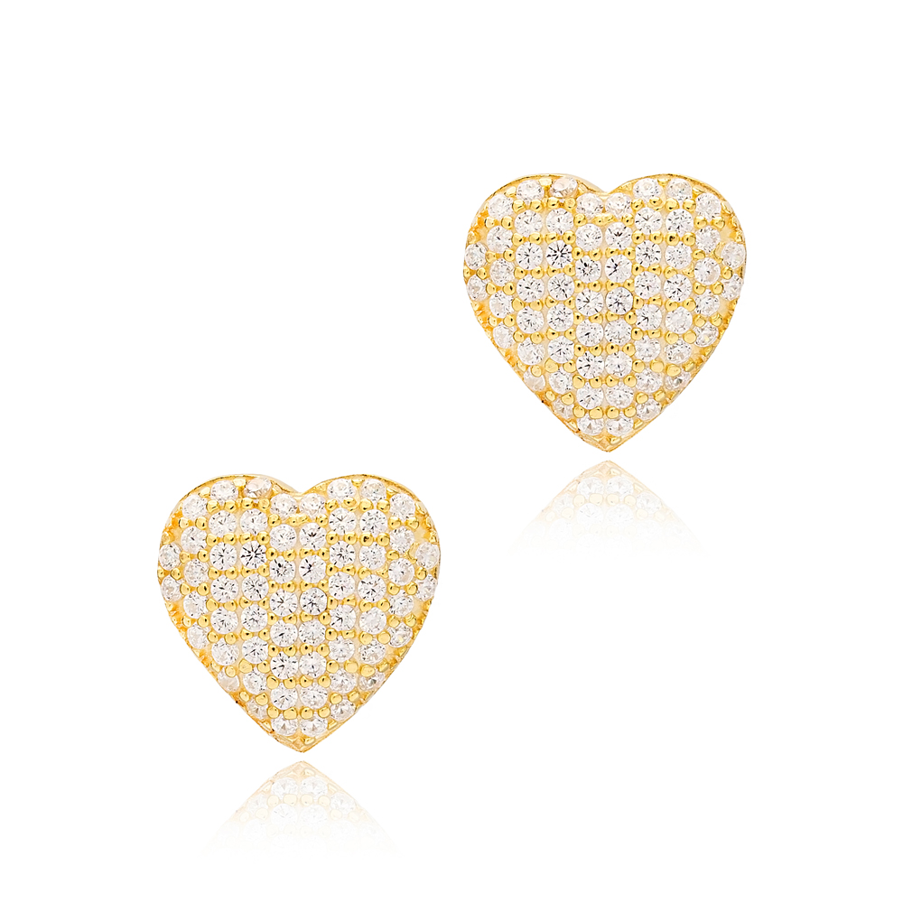 Heart Design Clear Zircon Stone Jewelry Turkish Handmade 925 Sterling Silver Earrings