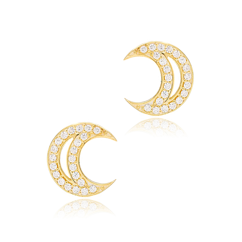 Moon Design Minimalist Charm Stud Earrings Turkish Wholesale Handmade 925 Sterling Silver Jewelry
