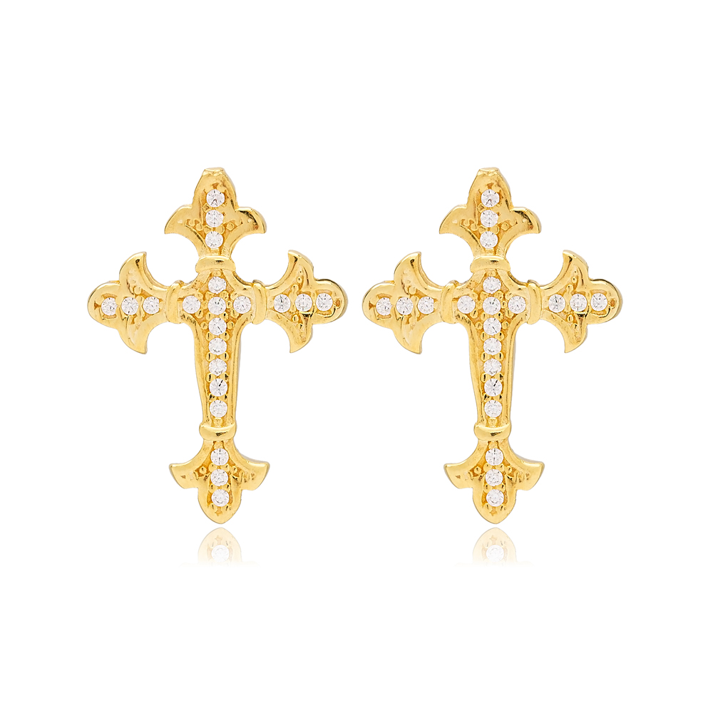 Cross Design Stud Earrings Turkish Wholesale Handmade 925 Sterling Silver Women Jewelry