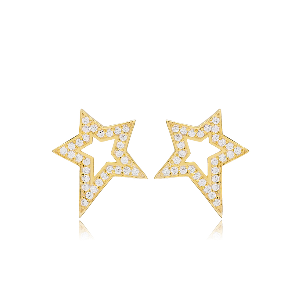 Zircon Star Shape Dainty Stud Earrings Turkish Handmade Wholesale 925 Sterling Silver Jewelry