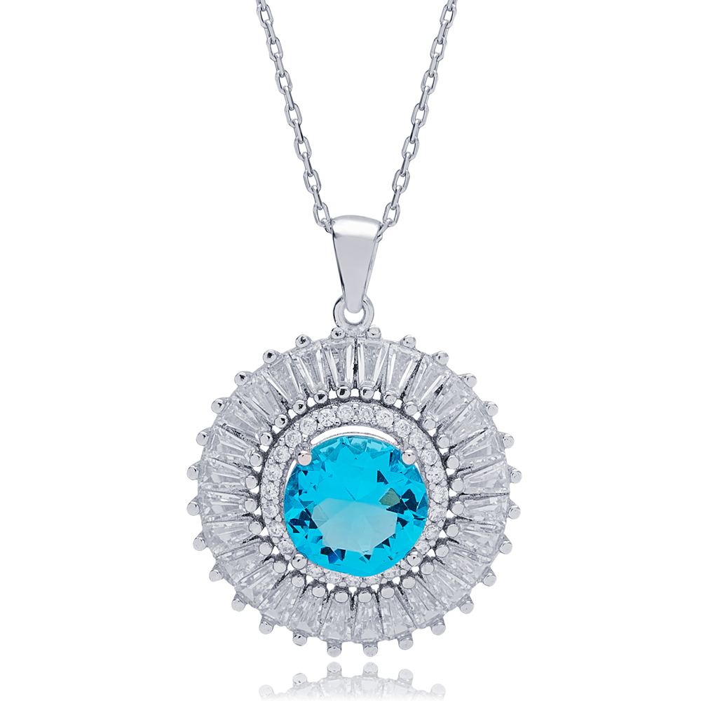 42+5 Cm Aquamarine Stone Rounded Charm 925 Silver Pendant Wholesale Sterling Silver Jewelry