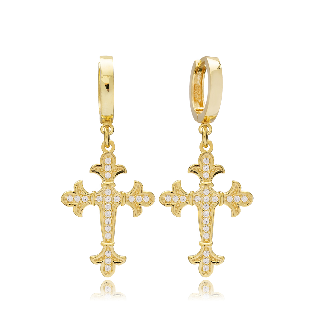 Cross Design Dainty Charm Dangle Earrings Turkish Wholesale Sterling Silver Handmade Jewelry