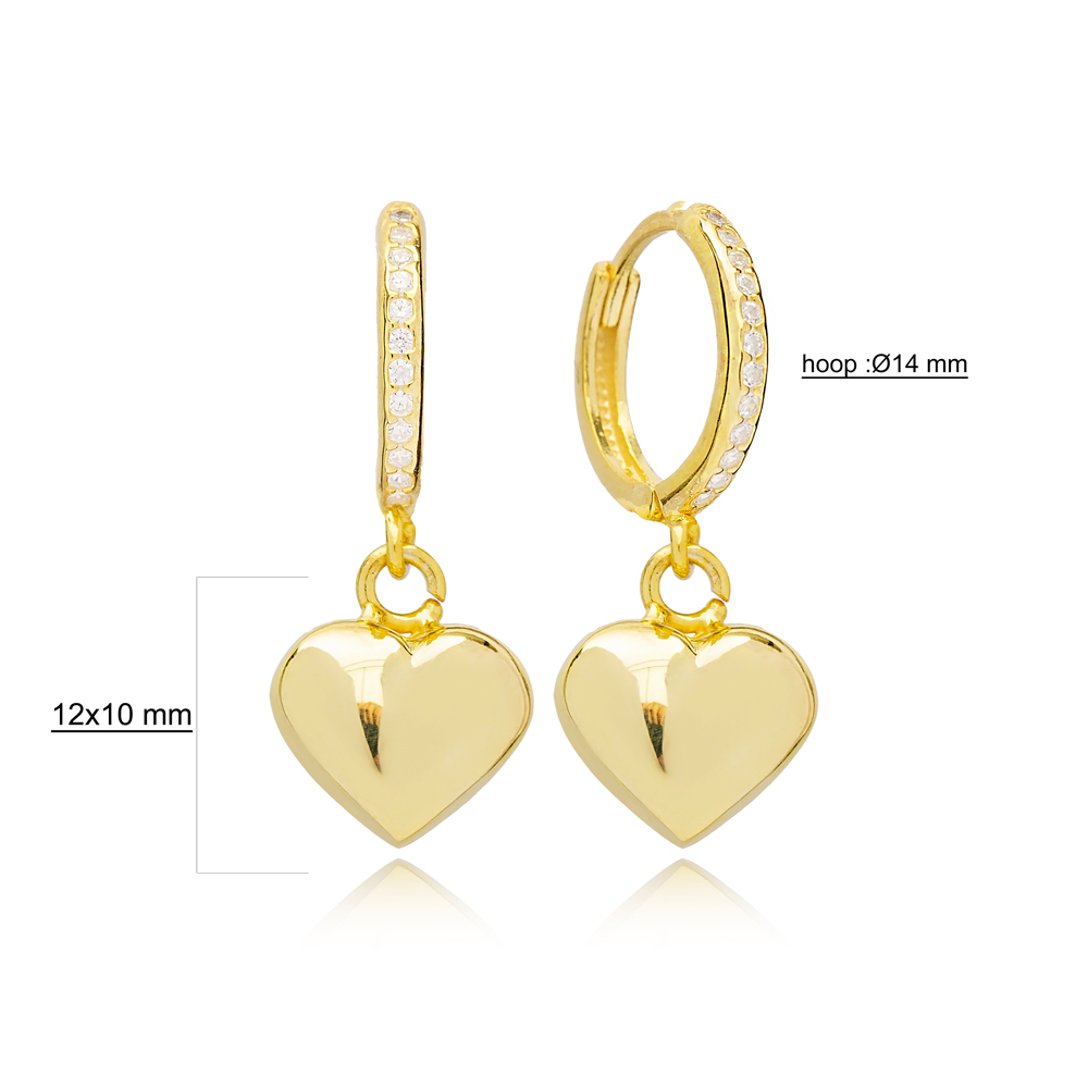 Trend Heart Shape 14mm Zircon Stone Detailed Hoop Dangle Earrings Handmade Turkish Wholesale 925 Sterling Silver Jewelry