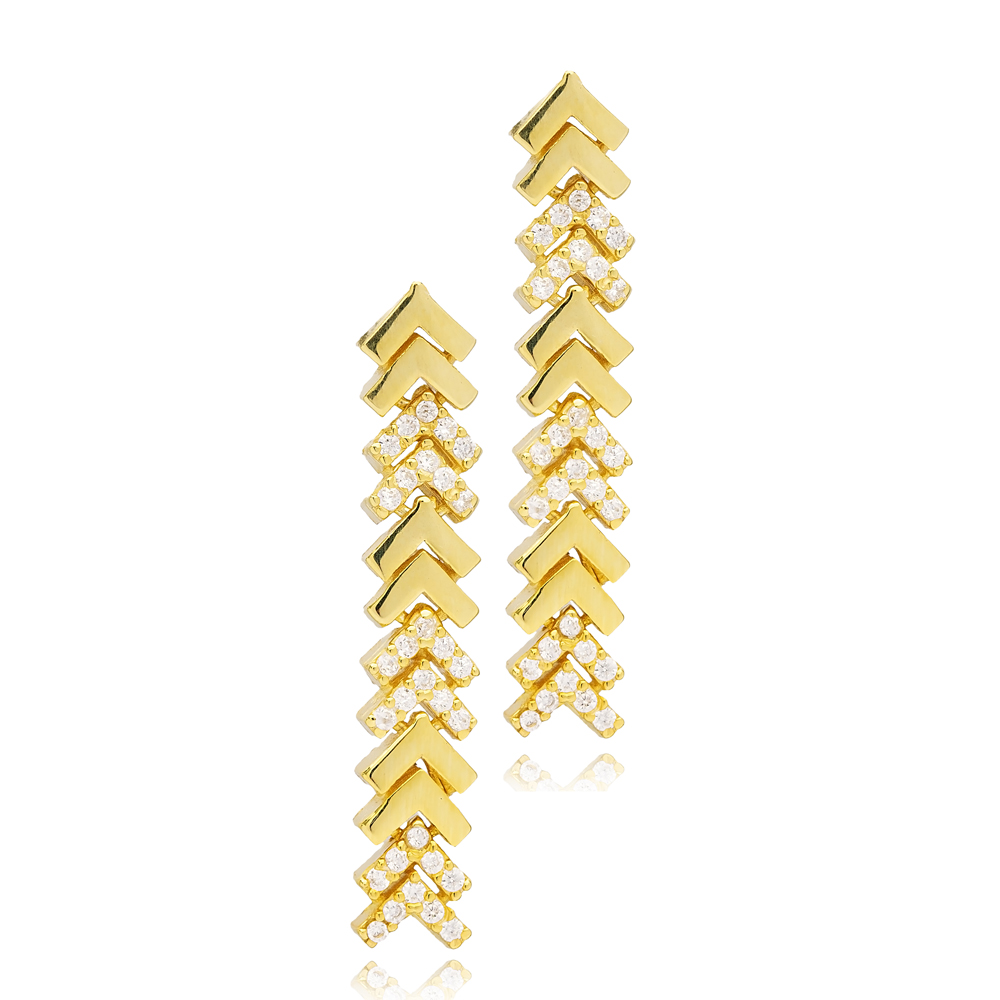Fishbone Design Zircon and Plain Long Earrings Turkish Wholesale 925 Sterling Silver Jewelry