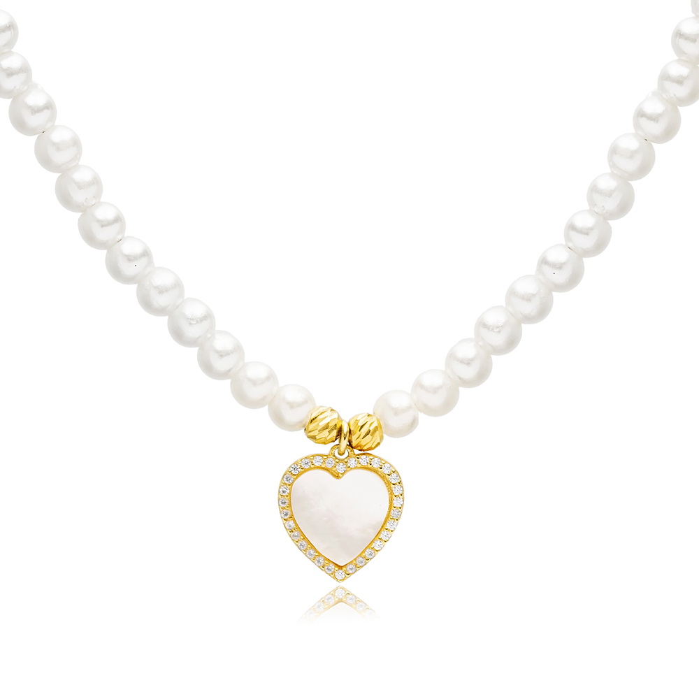 Pearl Mother of Pearl Heart Charm Choker Necklace Wholesale 925 Sterling Silver Jewelry