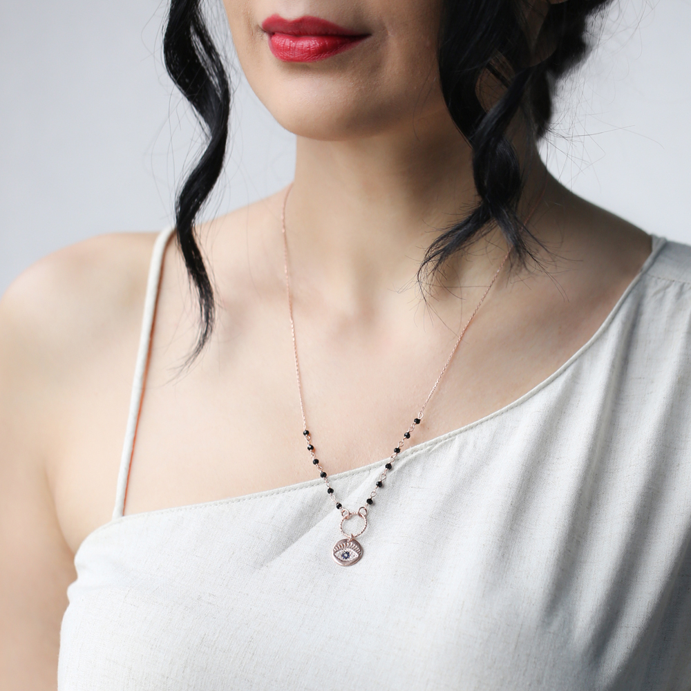 Onyx Stone Evil Eye Charm Necklace Turkish Wholesale Handmade 925 Silver Sterling Jewelry