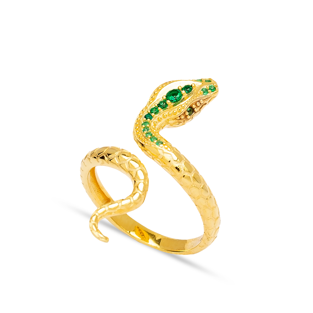 Emerald Stone Dainty Snake Design Women Ring Handcrafted 925 Sterling Silver Turkish Jewelry