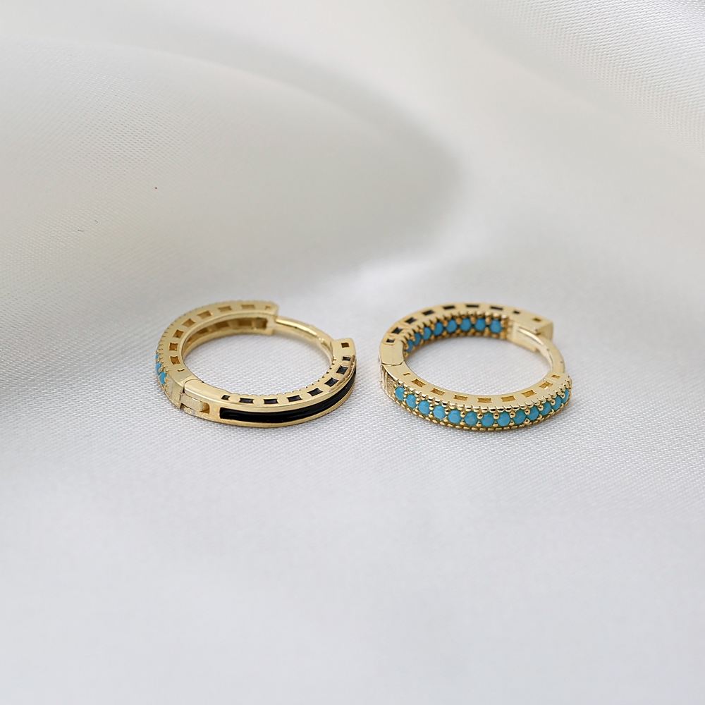 Turquoise Stone 15 mm Hoop Elegant Black Enamel Design Earrings Turkish 925 Sterling Silver Jewelry