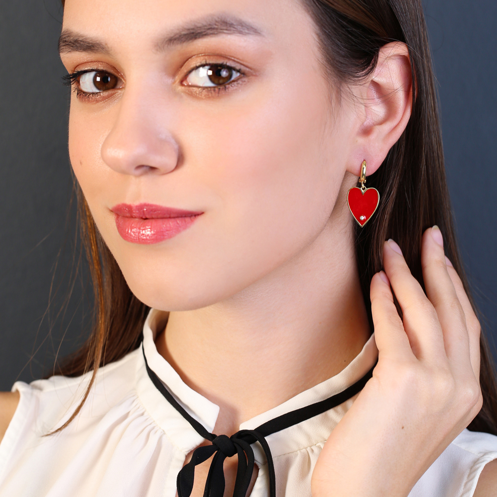 Single Red Enamel Heart Design Dangle Earring Handcrafted Wholesale Sterling Silver Jewelry