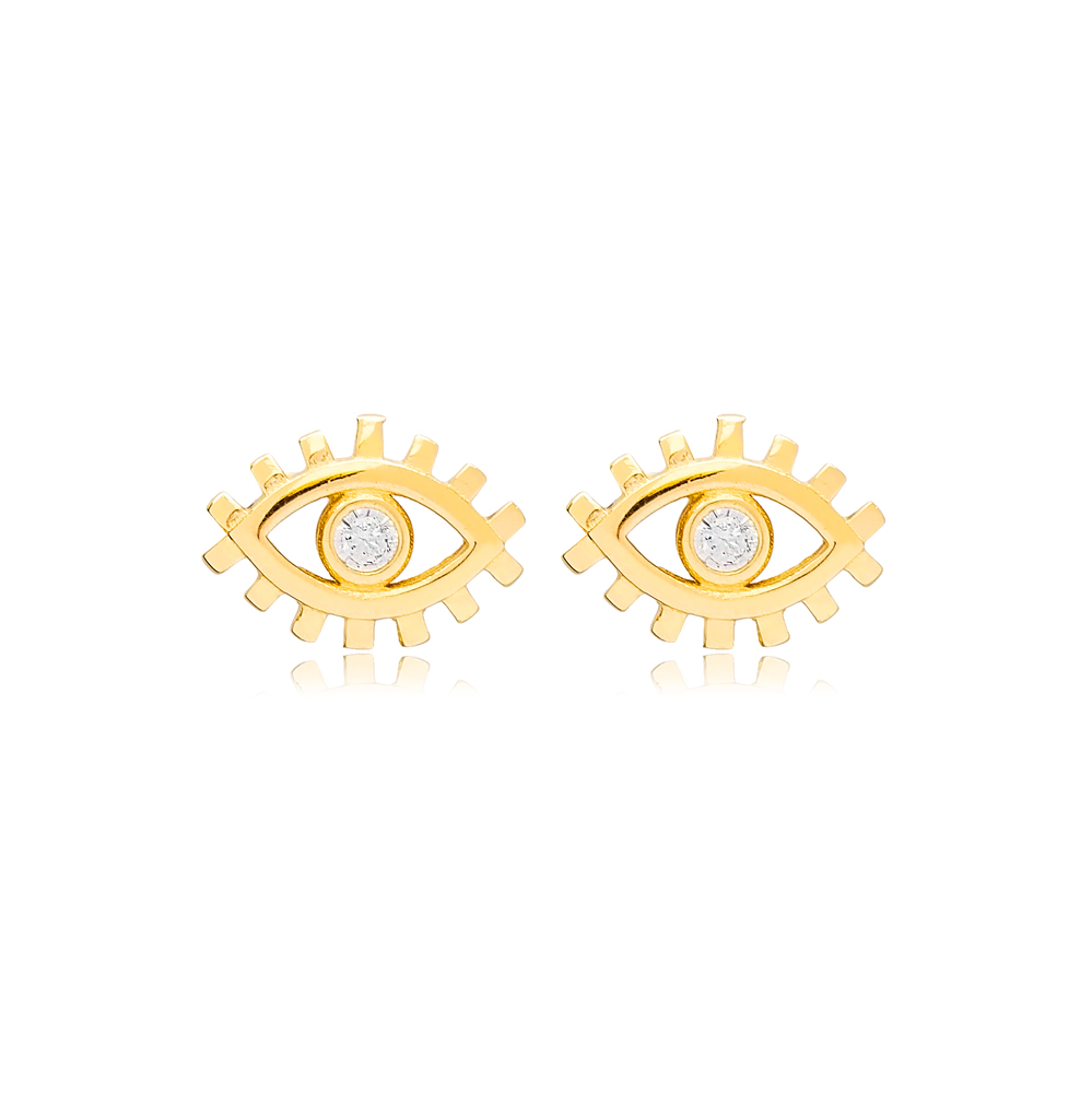 Turkish Evil Eye Design Zircon Stone Stud Earrings Wholesale Handmade 925 Sterling Silver Jewelry