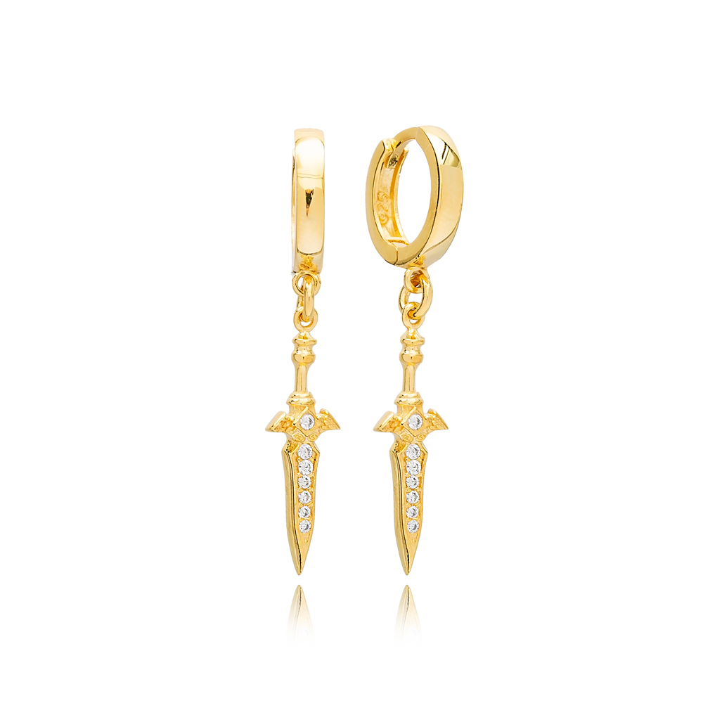 Minimalist Sword Design Zircon Dangle Earrings Wholesale Handcrafted 925 Sterling Silver Jewelry