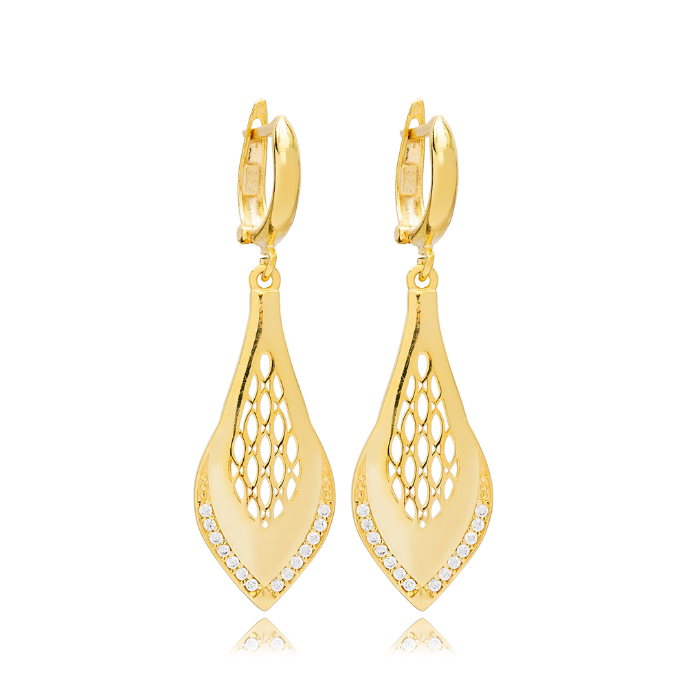 Pear Shape Perforated Design Dangle Earrings 925 Sterling Silver Handcrafted Turkish Jewelry