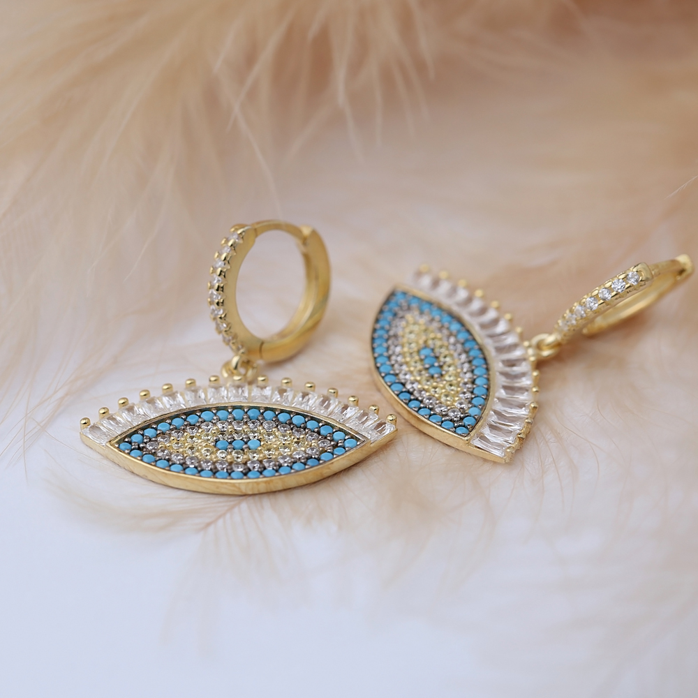Turkish Eye Shape Baguette Zircon Stone Turquoise Dangle Earrings 925 Sterling Silver Jewelry