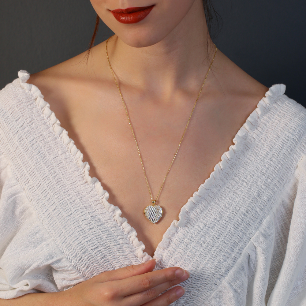 Heart Open Locket Design Shiny Zircon 60 Cm Pendant Necklace 925 Sterling Silver Wholesale Jewelry