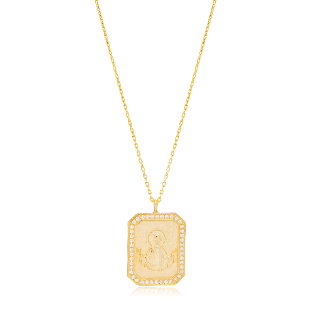 Geometric Shape Medallion Style Jesus Design Zircon Stone Pendant Necklace 925 Silver Jewelry