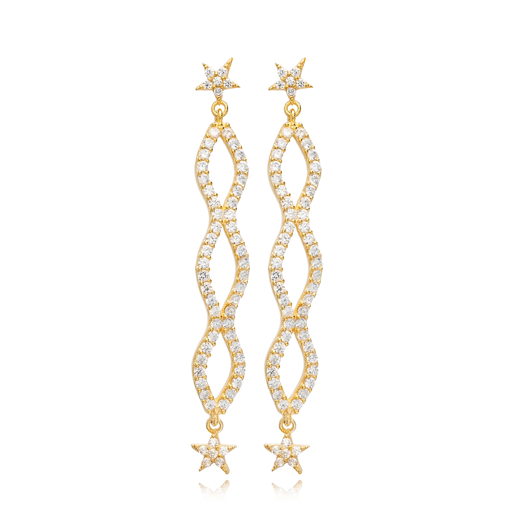 CZ Stone Unique Star Design Stud Long Earrings Wholesale Turkish Handmade 925 Silver Jewelry