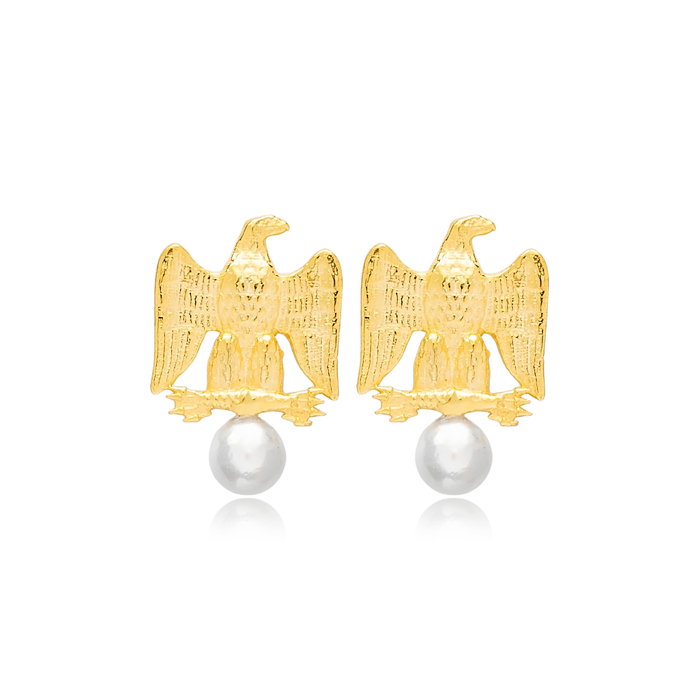 Plain Eagle Design Elegant Pearl Stud Earrings 925 Sterling Silver Handcrafted Wholesale Turkish Jewelry