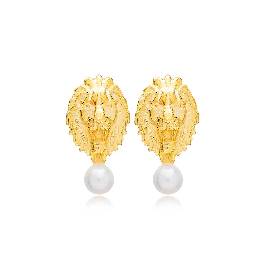 Lion Design Dainty Pearl Stud Earrings 925 Sterling Silver Handcrafted Wholesale Turkish Jewelry