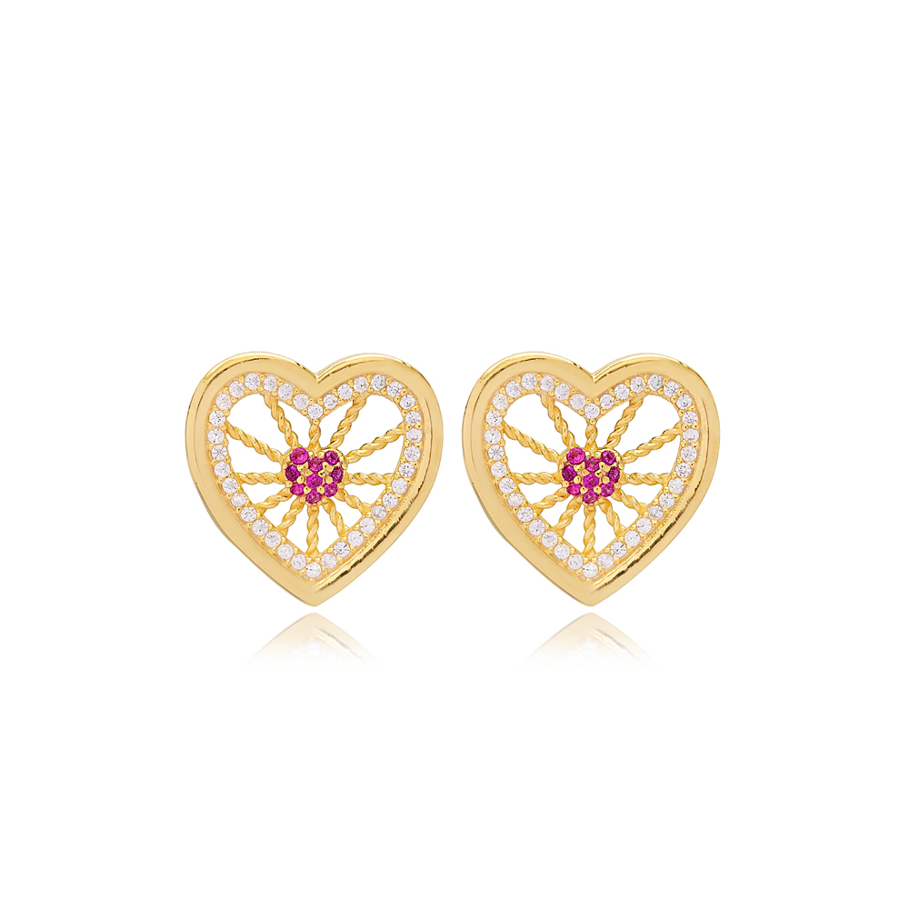 Love Heart Shape Pattern Design Ruby Stone Dainty Stud Earrings 925 Sterling Silver Jewelry