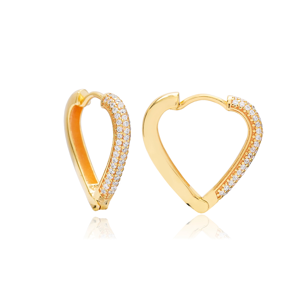 Heart Design Basic White Zircon Stone Hoop Earrings Turkish Wholesale 925 Sterling Silver Jewelry