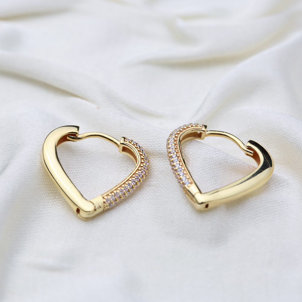 Heart Design Basic White Zircon Stone Hoop Earrings Turkish Wholesale 925 Sterling Silver Jewelry