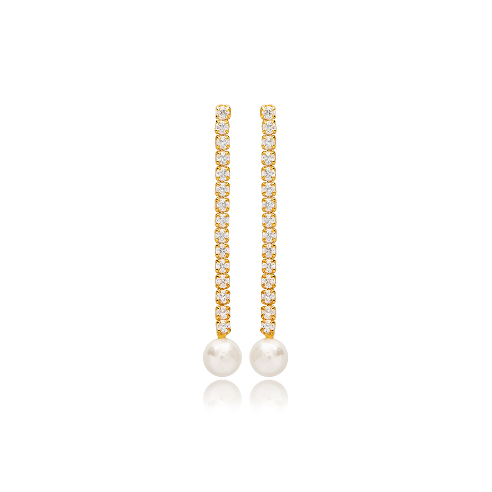 Shiny Zircon Stone Dainty Design Pearl Stud Long Earrings Wholesale 925 Sterling Silver Jewelry