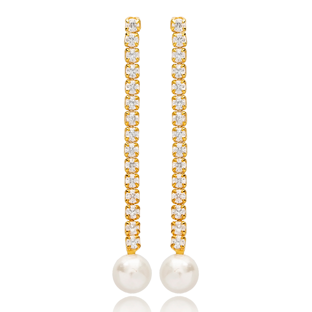 Shiny Zircon Stone Dainty Design Pearl Stud Long Earrings Wholesale 925 Sterling Silver Jewelry