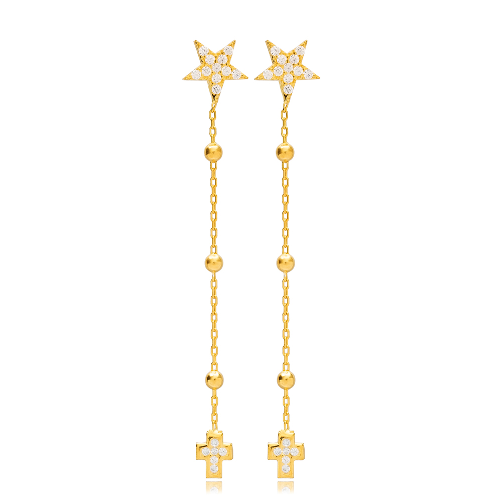 Trendy Star and Cross Design Stud Long Ball Chain Earrings Wholesale 925 Sterling Silver Jewelry