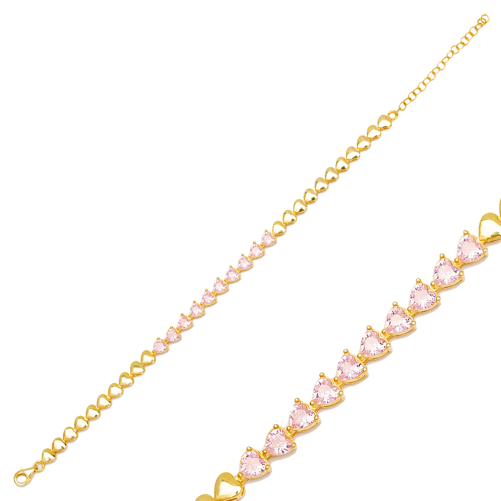 Heart Design Pink Zircon Stone Plain Dainty Wholesale Turkish 925 Sterling Silver Jewelry Bracelet