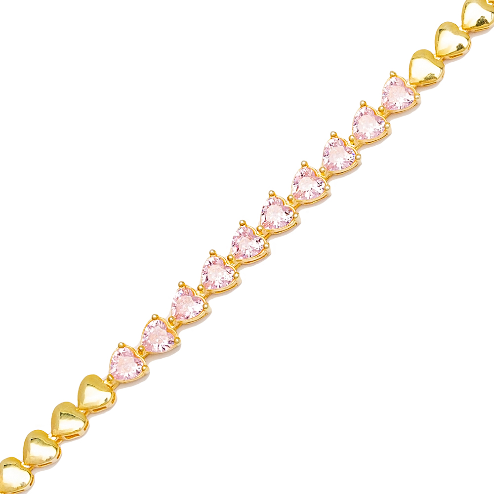 Heart Design Pink Zircon Stone Plain Dainty Wholesale Turkish 925 Sterling Silver Jewelry Bracelet