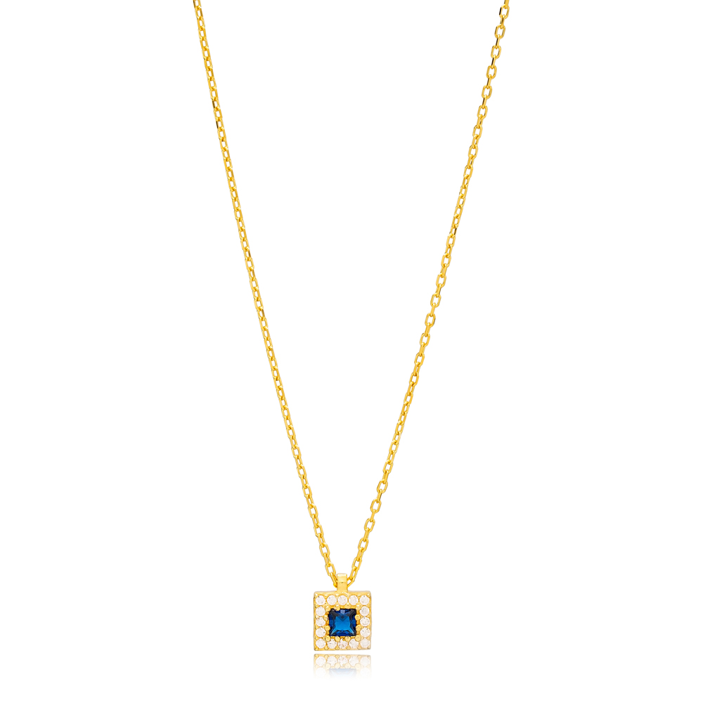 Square Shape Minimalist Charm Pendant Necklace Sapphire Stone Handmade 925 Sterling Jewelry