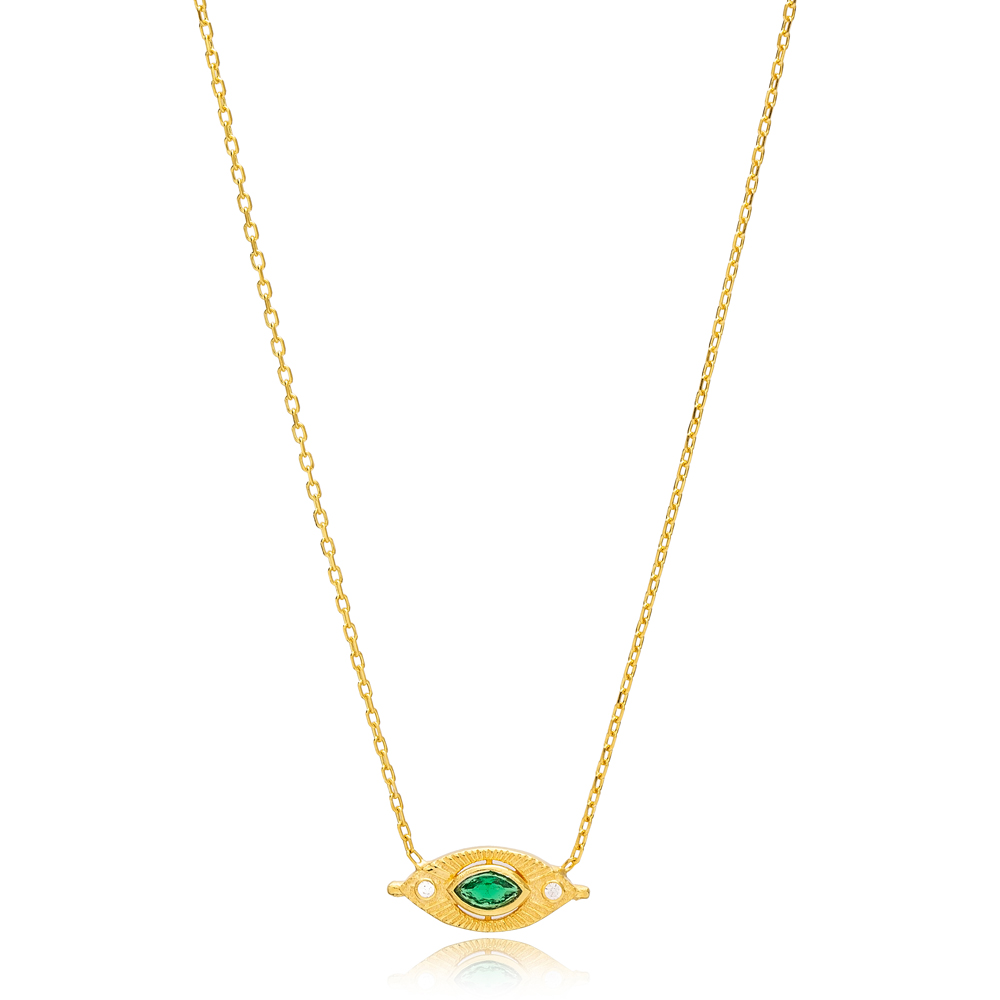 Marquise Eye Shape Minimalist Charm Necklace Emerald Stone Handmade 925 Sterling Silver Jewelry