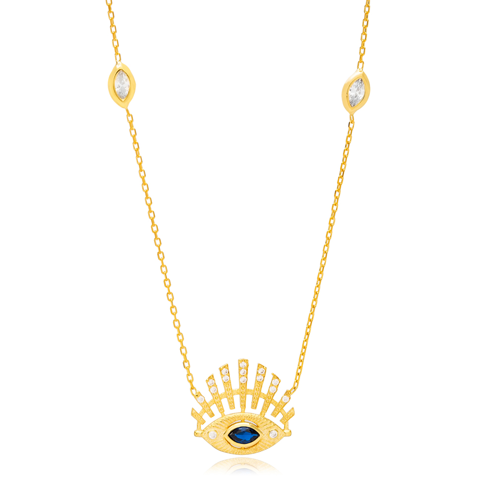 Sapphire Evil Eye Charm Necklace with Marquise Stone Turkish Handmade 925 Sterling Silver Jewelry