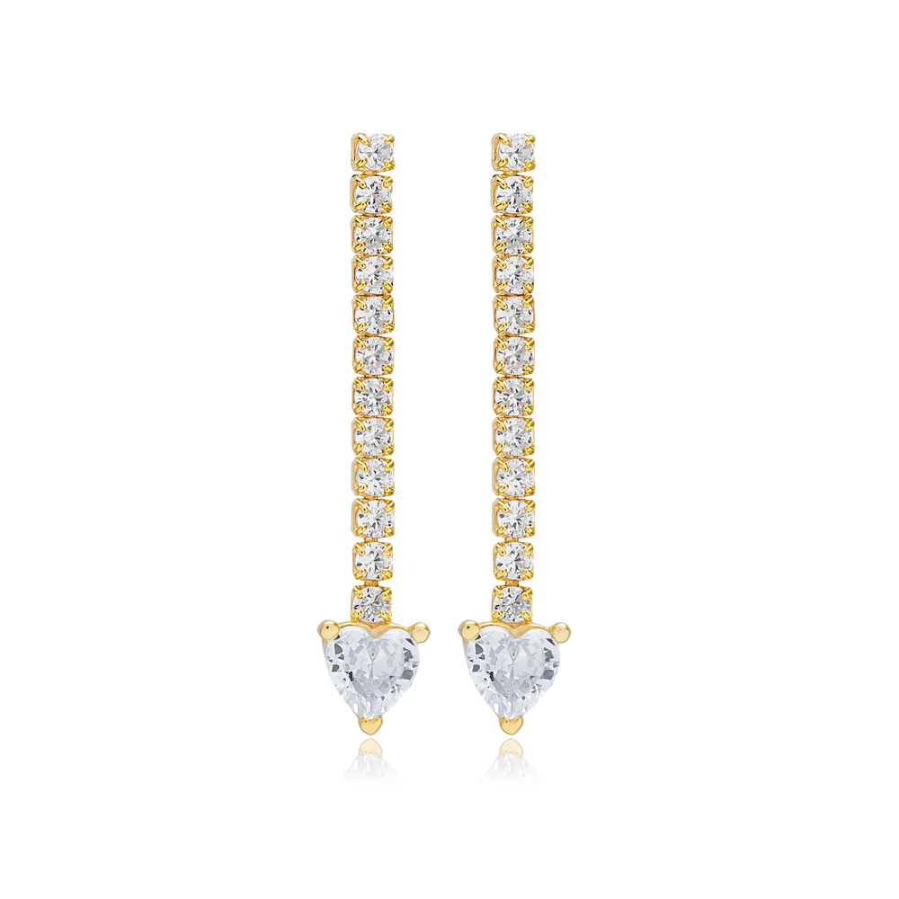 Heart Shape Zircon Stone Chain Design Stud Long Earrings Turkish 925 Sterling Silver Jewelry