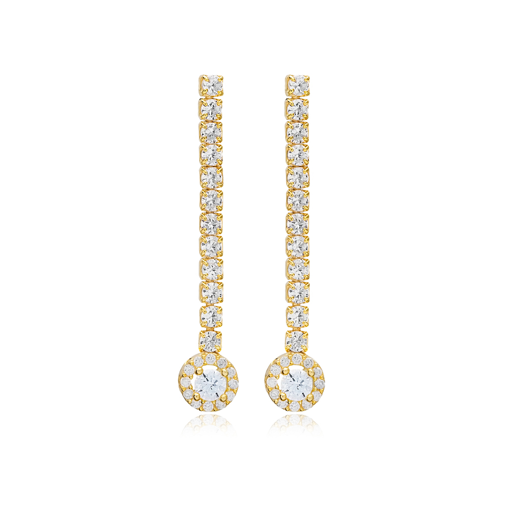 Diamond Style Stone Zircon Chain Design Stud Long Earrings Wholesale 925 Sterling Silver Jewelry